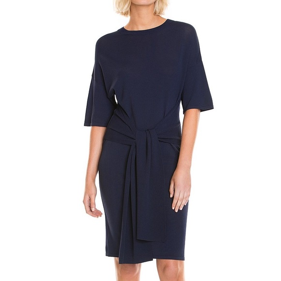COUNTRY ROAD Navy Blue Stretch Belted Tie Front Summer Knit Casual Midi Dress - Picture 4 of 13